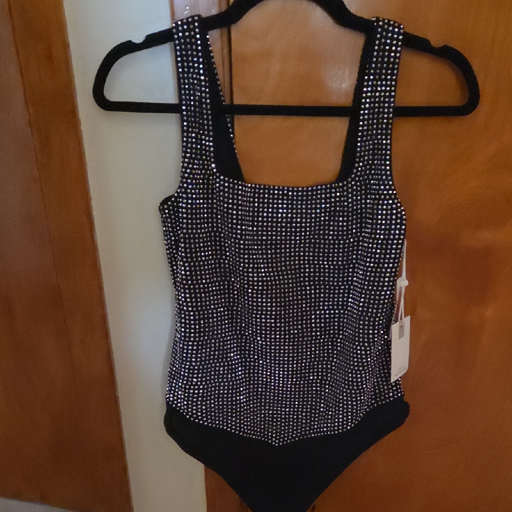 Good American Black Rhinestone-Embellished One-Piece Bodysuit